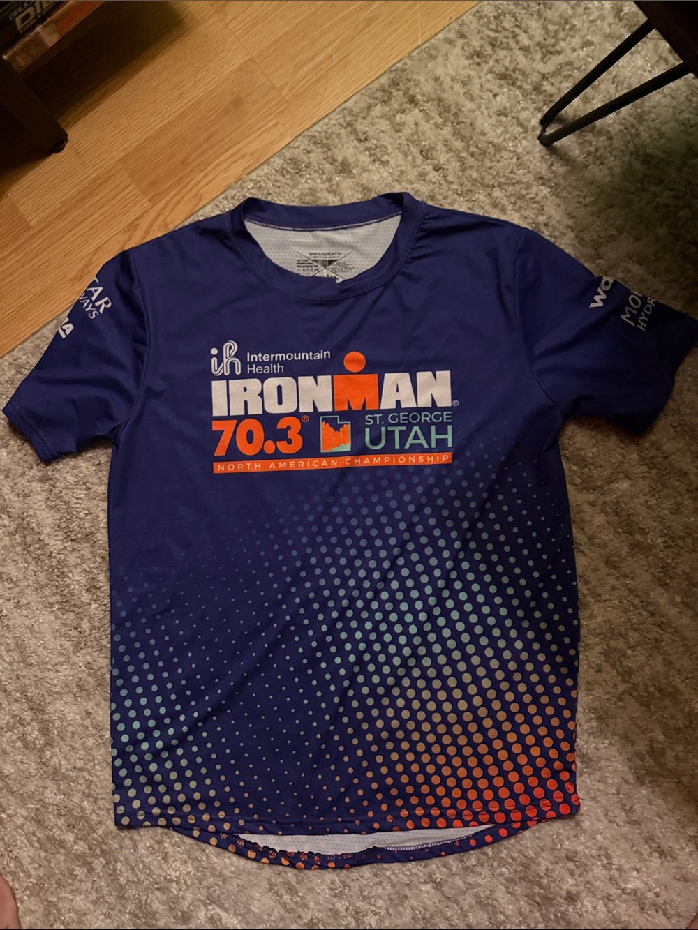 Iron Man Short Sleeve Performance T - Navy with Orange 70.3 st George Utah